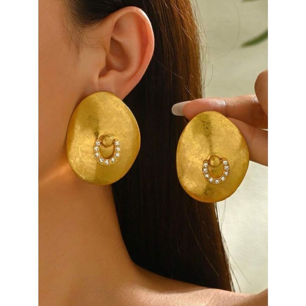 Gold Statement Oval Earrings with Crystal Accent - Women Jewelry R 419